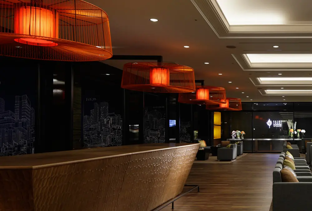 "Garden Café with Terrace Bar". Japanese traditional braid is used for pendant luminaire to add an accent to the space.
