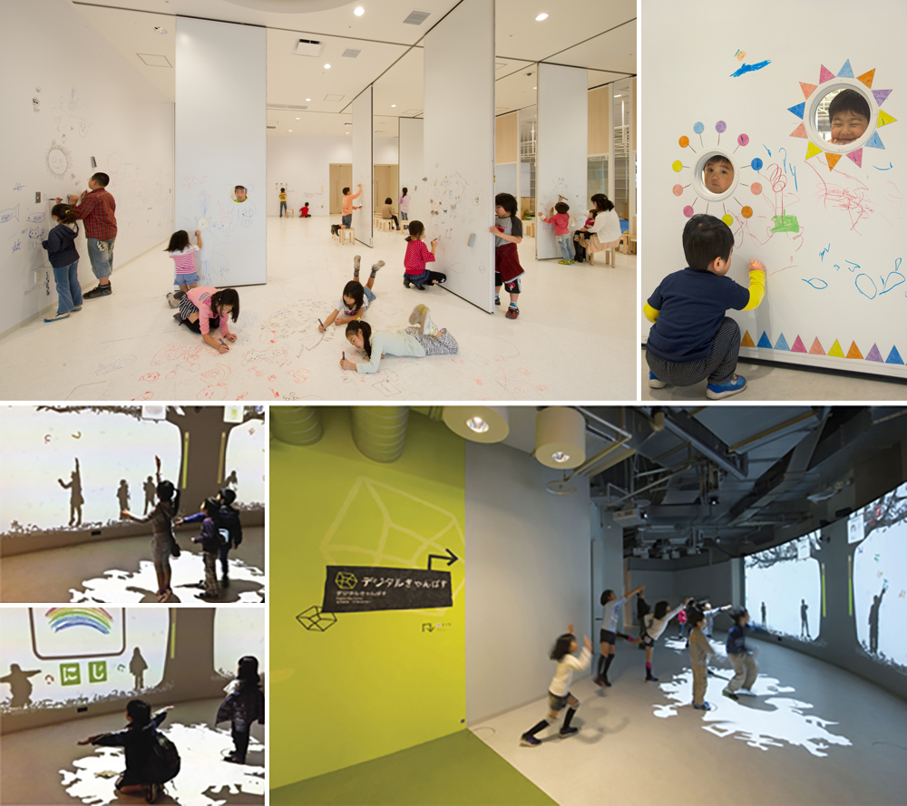 上图:培养创造力的游戏空间“White Arie”下图:数字游戏空间“Digital Kyanbasu”与孩子们充满活力的声音，字母和插图