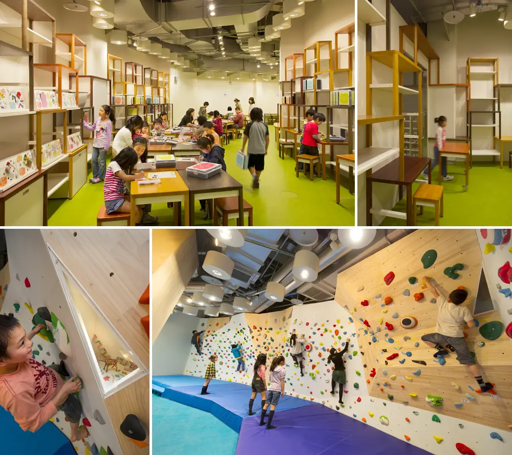 上：子どもも大人も大学の先生もみんなで試しながらつくったわくわくキットの体験空間「わくわくデスク」　下：子どもたちの作品がクライミングコースに点在する「クライミングぱーく」