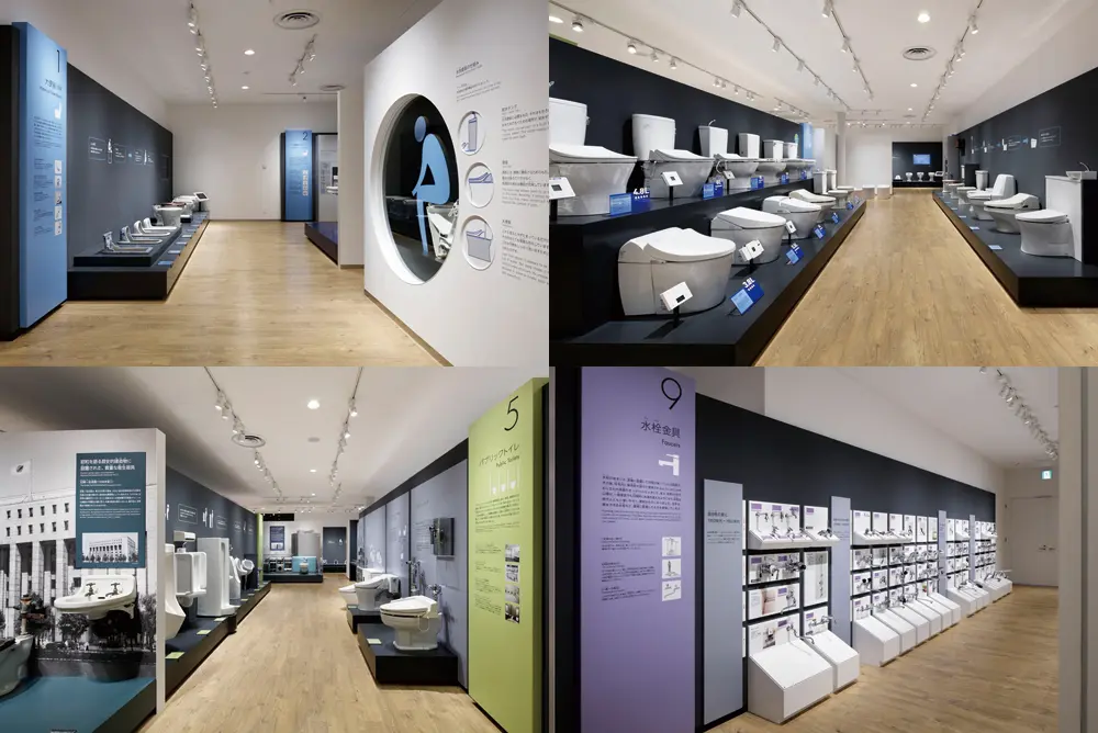 第2展示室。为了传达“用水商品的进化”的潮流，尽可能地摆放商品，以颜色和象形图为重点进行设计