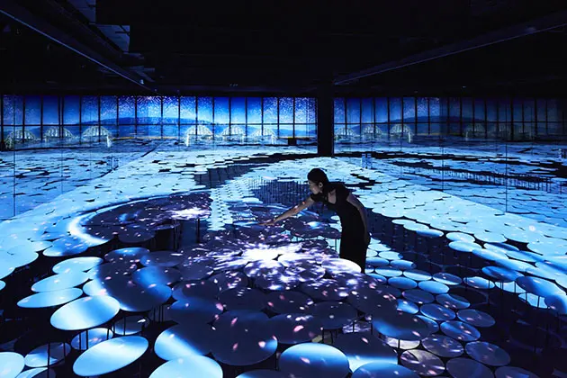 美しい日本の農村風景を、無限反射の360°映像とインタラクティブな床面映像により、圧倒的な没入体験として表現