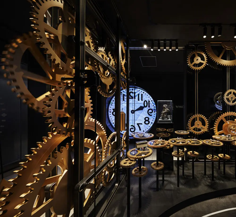 Seiko's history and technology are on display inside the object, which has a watch gear motif.