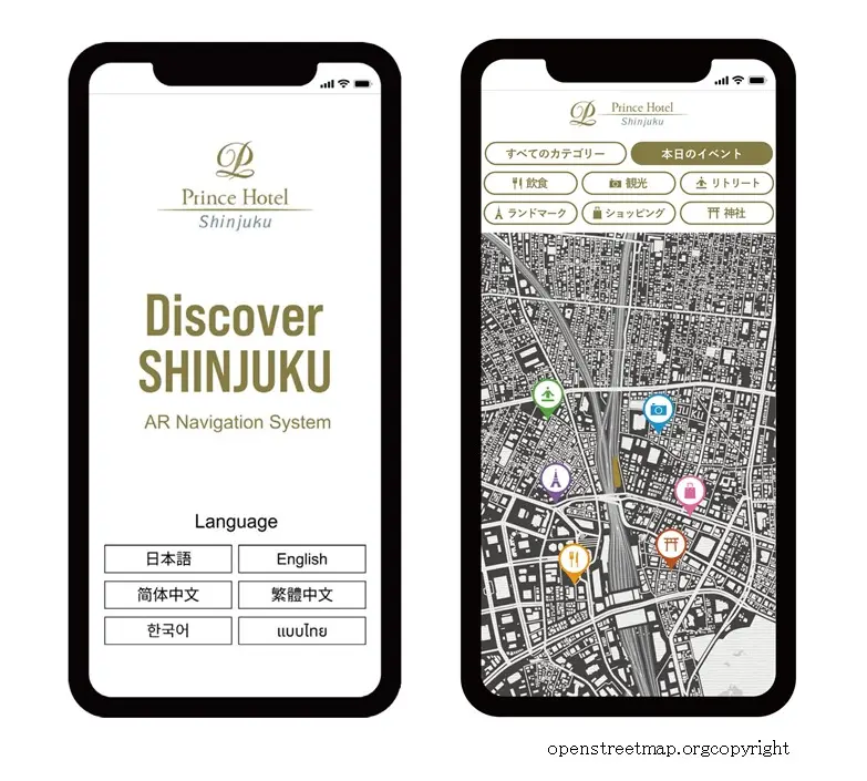 オリジナルで開発したARシステム。客室のアートウォールを読み込むと、携帯の画面に近隣の観光名所が表示され、リンク先に進むことが可能。6カ国語に対応