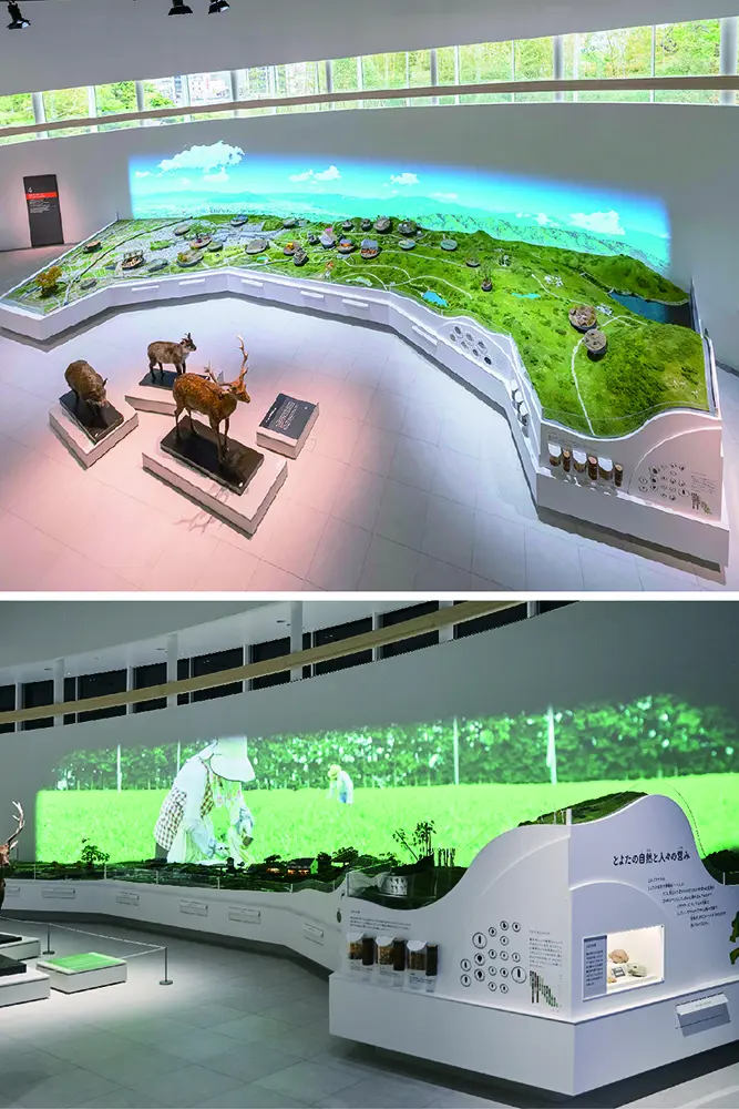 浓缩了Toyota City独特地理特征的巨型立体模型。通过影像背景，您可以探索人们如何在多样化的城市环境中与自然和谐相处（上图*）