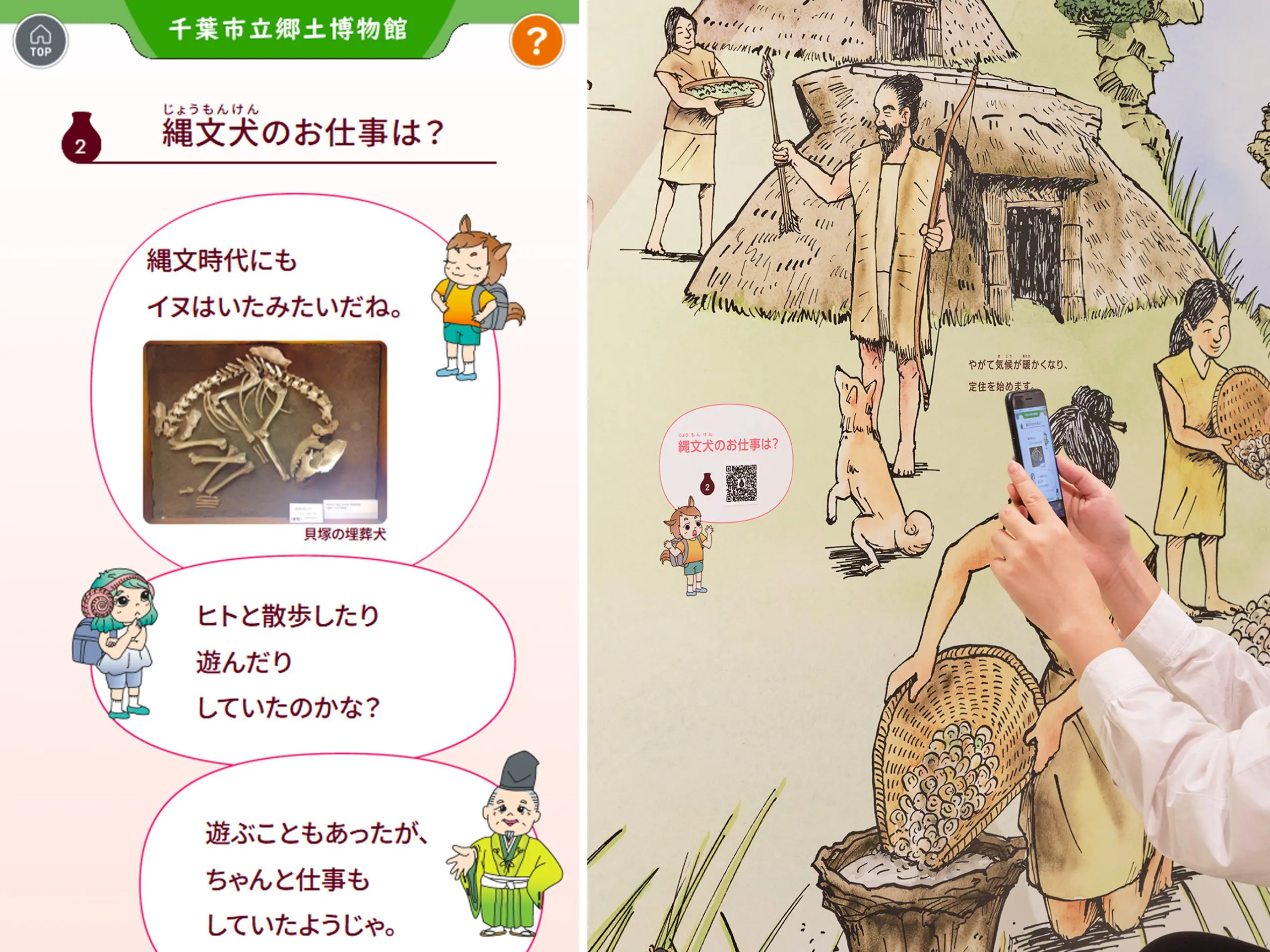 館内各所の二次元コードを読み込むことで、キャラクターが解説する「千葉介ナビ」。より深い学びをサポートする