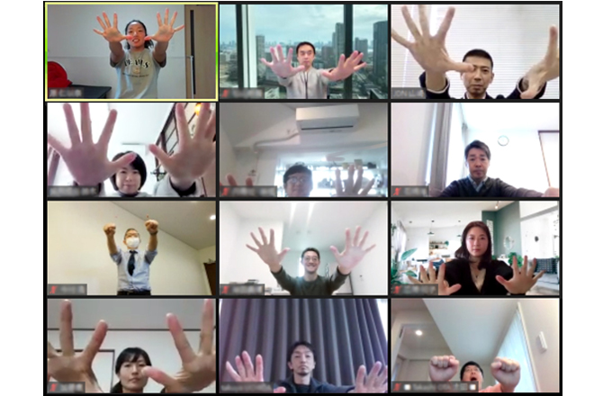 Stretching session for employees led by Hara.
