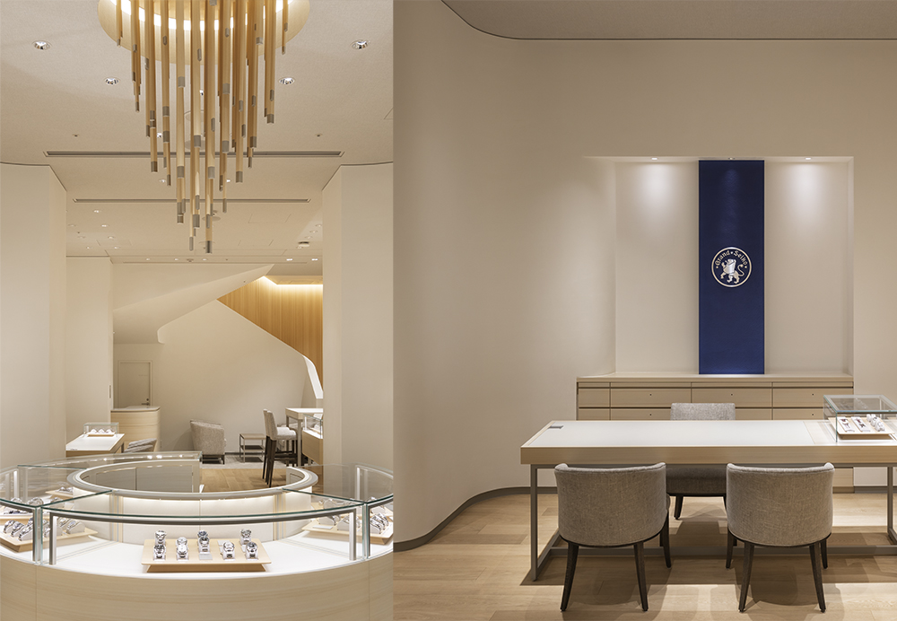 カーブする壁が切りとる店内空間は新たなブランドメッセージ「Alive in Time/今、この時を生きる人へ」の躍動感を表現