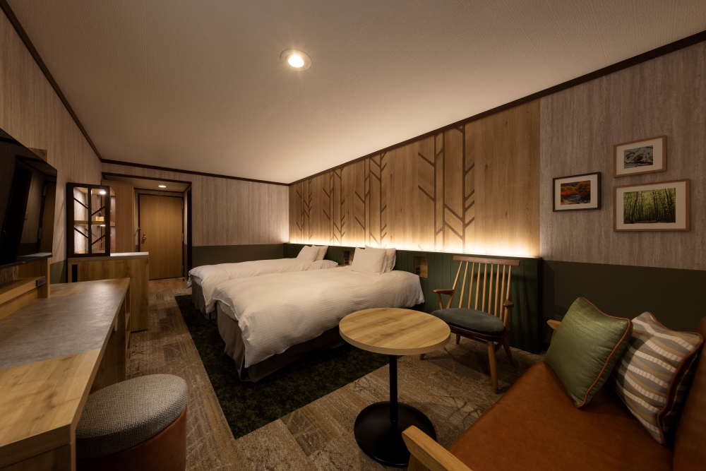 At night, the indirect lighting on the headboard creates a calming atmosphere.
