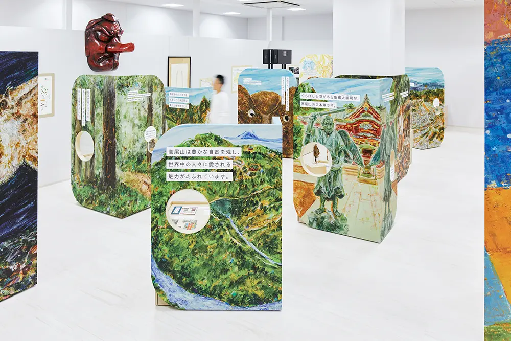 The front side of the exhibition space showing illustrations of Hachioji's history and culture