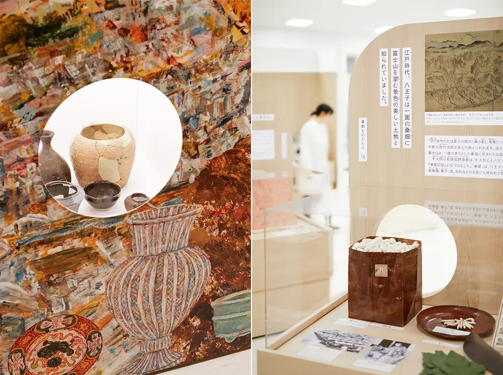 Circular windows scattered throughout the exhibition fixtures allow visitors to see the exhibits behind them.