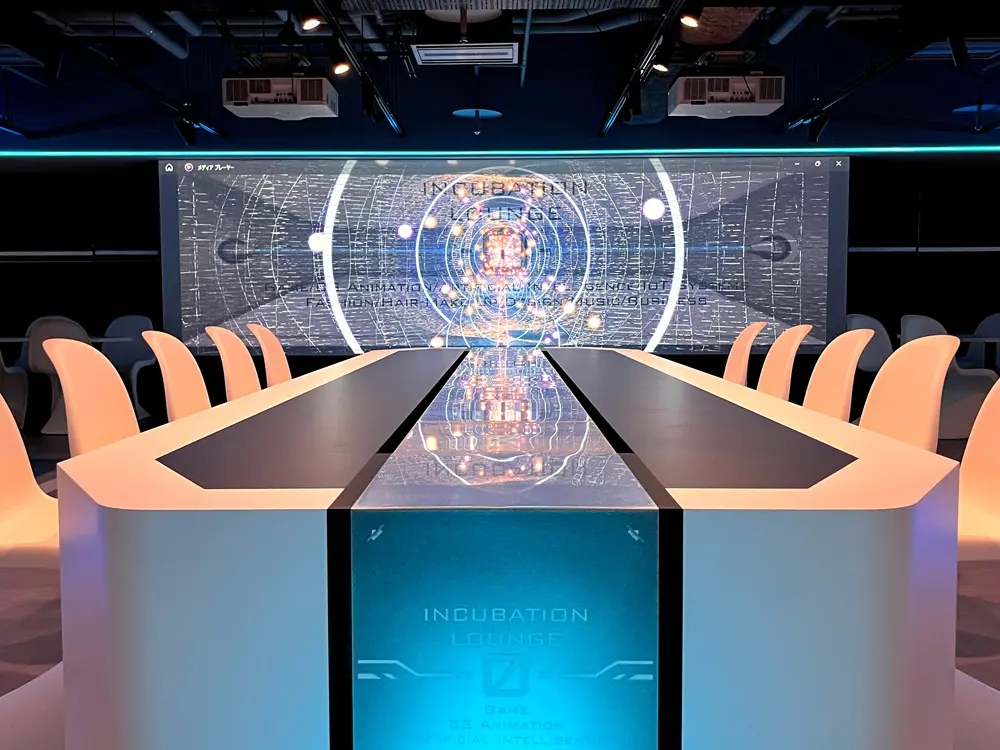 Video are projected onto the lines of the tabletop that connect with the center line, creating a sense of exhilaration.