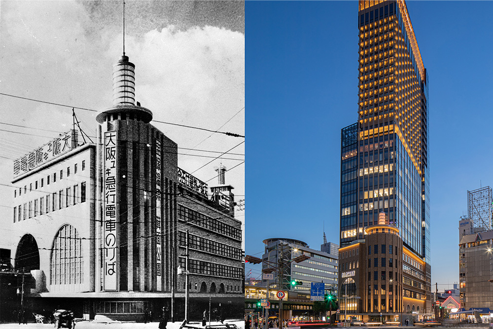 旧神户阪急大厦于1936年竣工 (左图) 。将历史悠久的街道景观与现代的用途相结合进行继承。