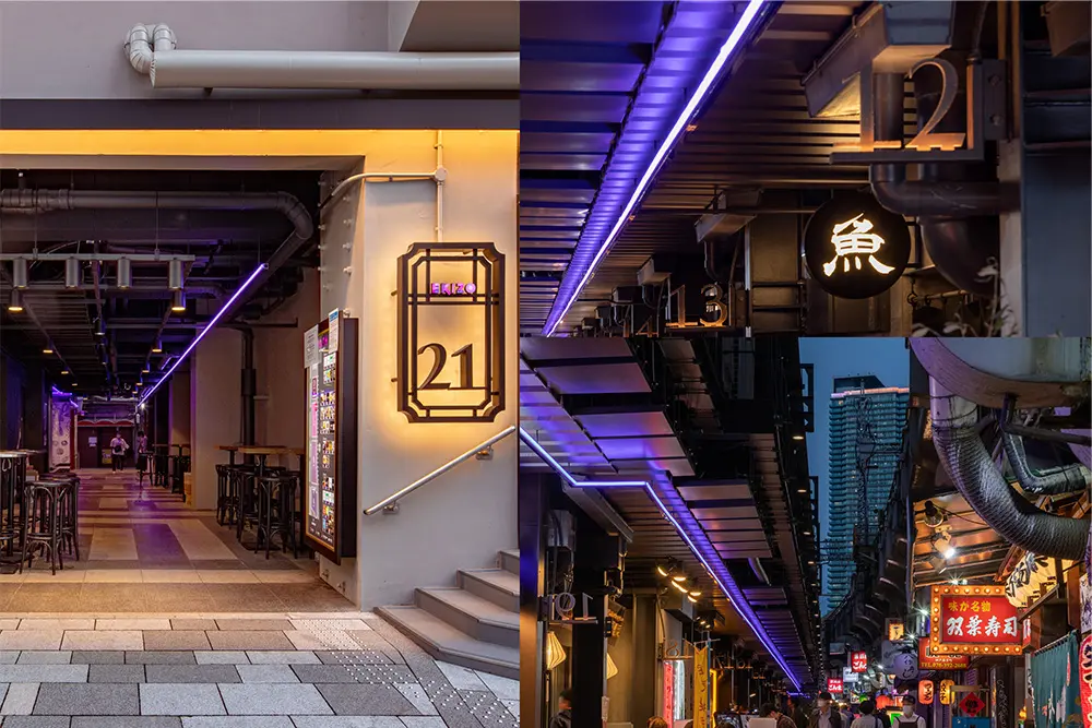 一本の青い光のラインのみで境界を示した高架下の飲食店エリア。光のラインが回遊性を高め、路地空間へ誘う。
